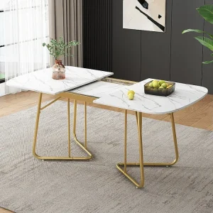 Mesa de jantar extensível para 4 6 talheres - C 140/180 x L 80 x 75 cm - Madeira MDF e metal - Tradicional mármore - Branco