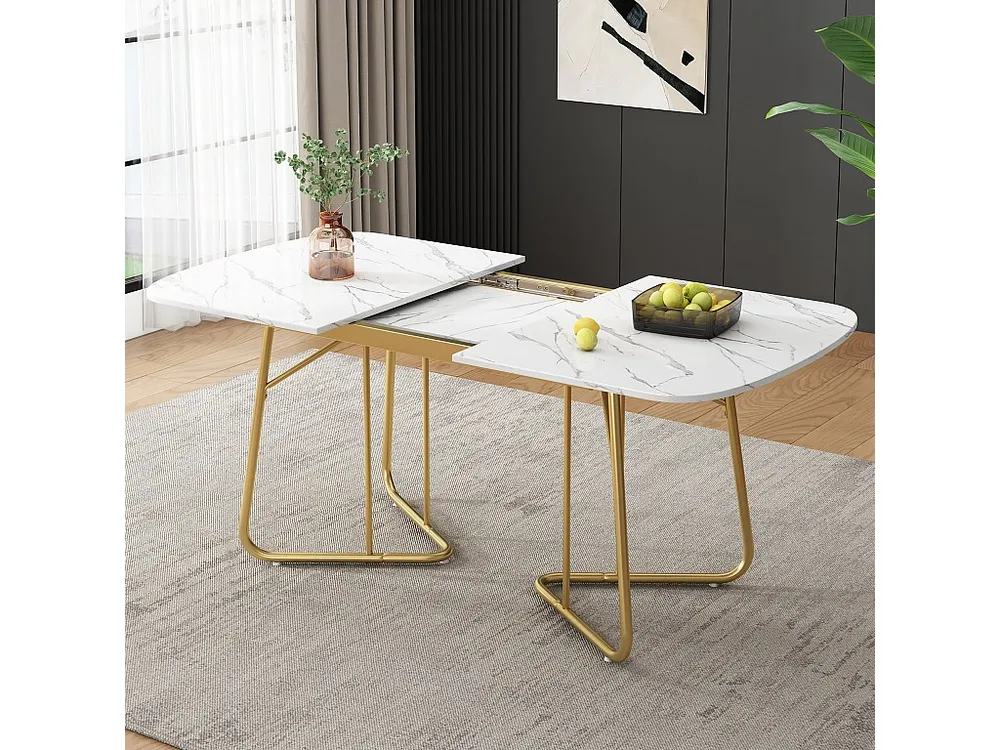 Mesa de jantar extensível para 4 6 talheres - C 140/180 x L 80 x 75 cm - Madeira MDF e metal - Tradicional mármore - Branco
