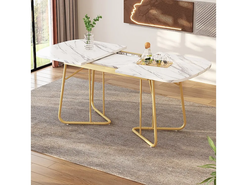 Mesa de jantar extensível para 4 6 talheres - C 140/180 x L 80 x 75 cm - Madeira MDF e metal - Tradicional mármore - Branco