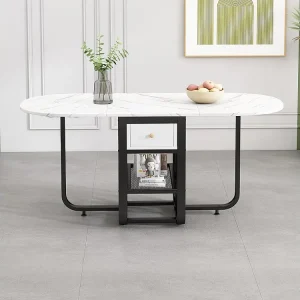 Mesa de jantar extensível para 2 6 talheres com gavetas e prateleiras - Aglomerado e metálico - branco + preto