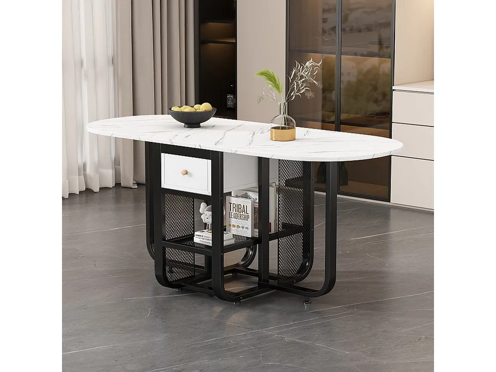 Mesa de jantar extensível para 2 6 talheres com gavetas e prateleiras - Aglomerado e metálico - branco + preto