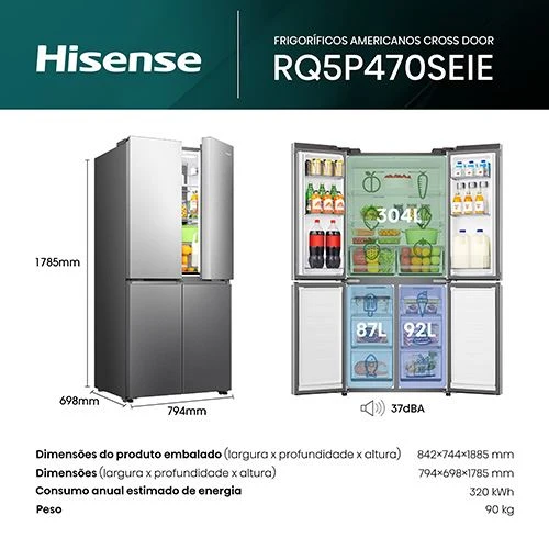 Frigorífico Americano Hisense RQ5P470SEIE | 178,5x79,4x69,8 cm | 483 L | E | Look Inox
