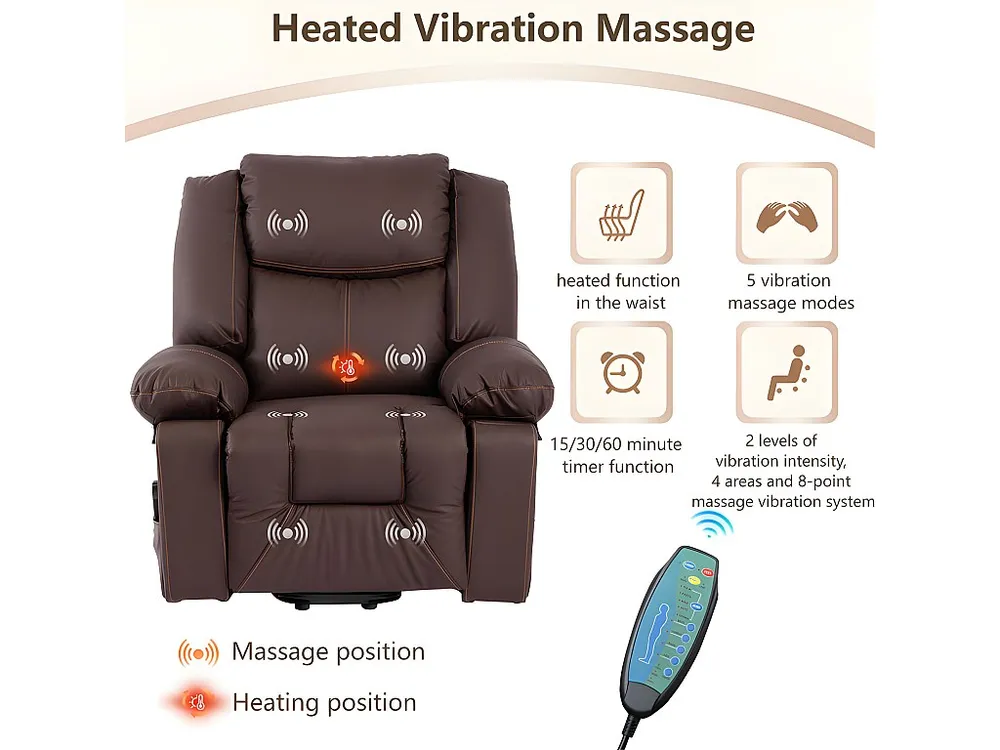 Cadeira de massagem elétrica - almofadada em imitação de pele - com 2 bolsos laterais e 2 bases para copos - Castanho