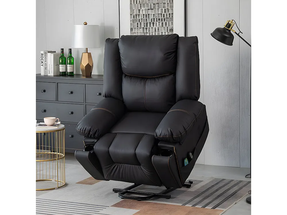 Cadeira de massagem elétrica - almofadada em imitação de pele - com 2 bolsos laterais e 2 bases para copos - Preto