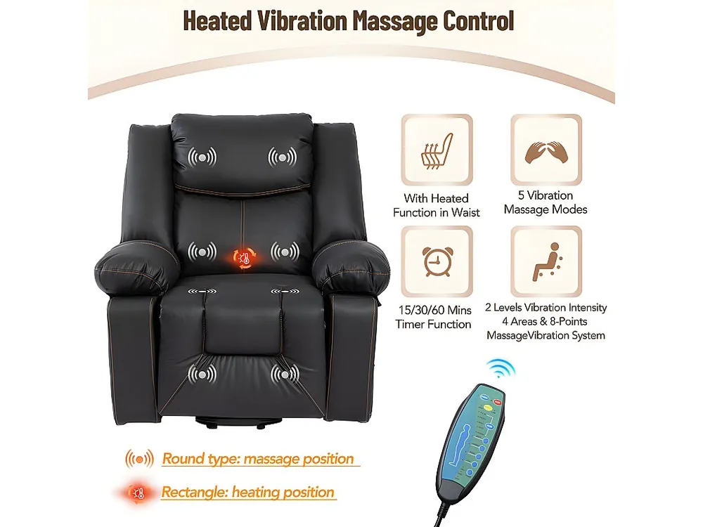 Cadeira de massagem elétrica - almofadada em imitação de pele - com 2 bolsos laterais e 2 bases para copos - Preto