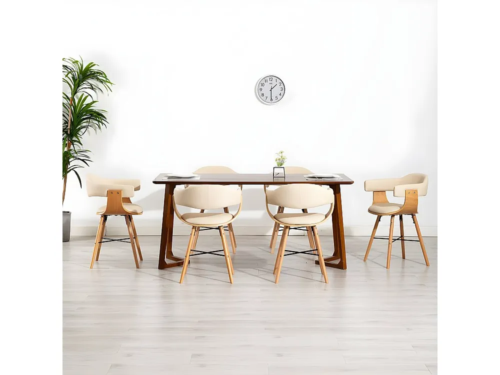 Cadeiras de jantar 6 pcs couro artificial creme madeira curvada