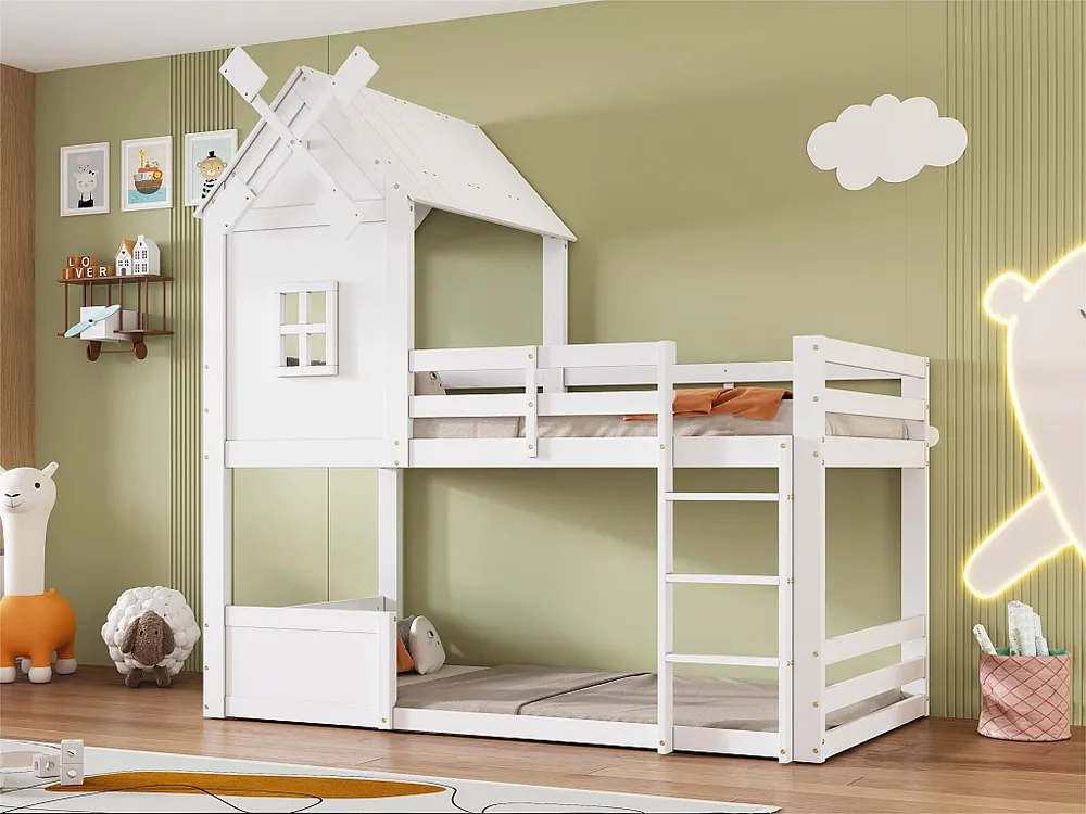 Beliche 90x200 cm - com barreiras e escada - em madeira de pinho e MDF - Branco