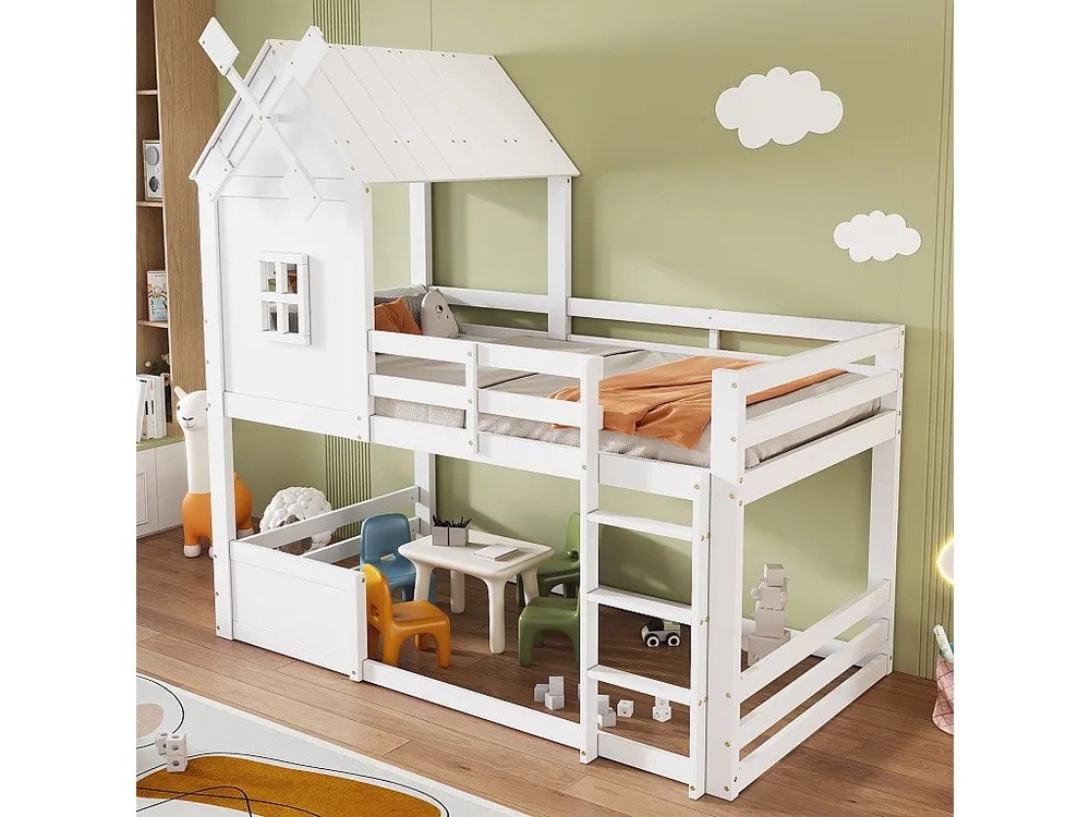 Beliche 90x200 cm - com barreiras e escada - em madeira de pinho e MDF - Branco