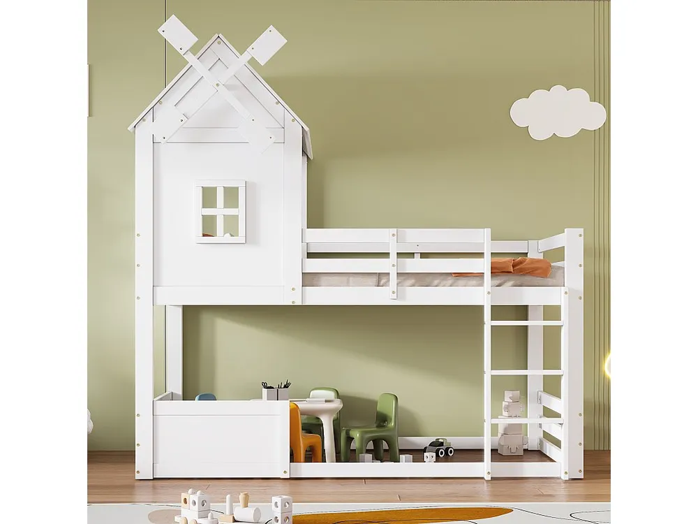 Beliche 90x200 cm - com barreiras e escada - em madeira de pinho e MDF - Branco