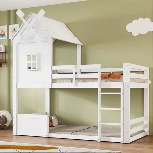 Beliche 90x200 cm - com barreiras e escada - em madeira de pinho e MDF - Branco