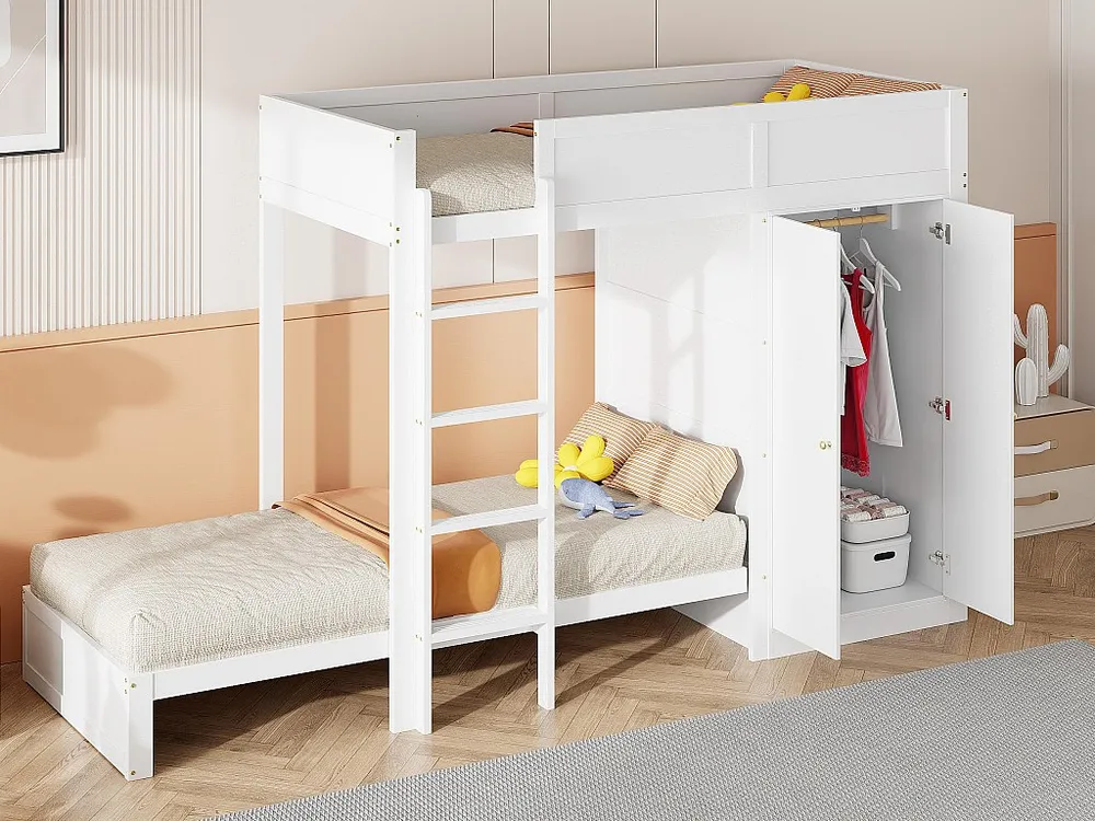 Beliche 90x200cm - com escada e roupeiro - 2 bases de ripas - Branco