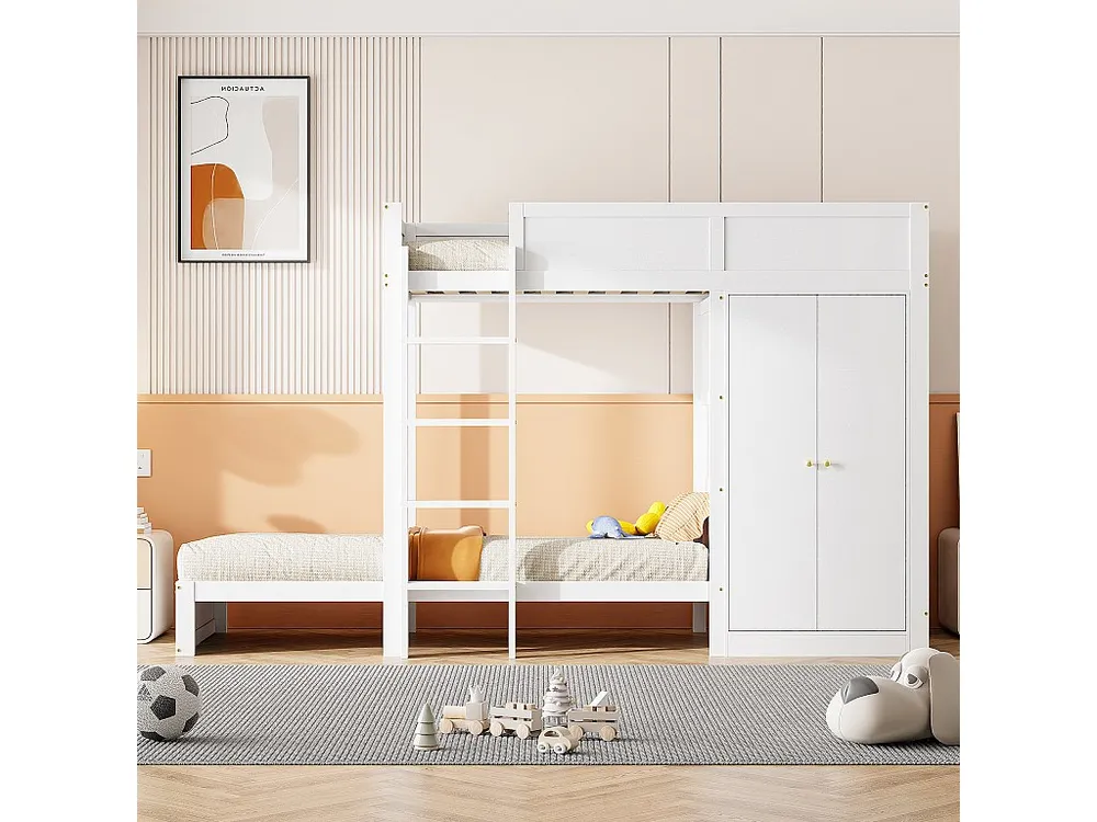 Beliche 90x200cm - com escada e roupeiro - 2 bases de ripas - Branco