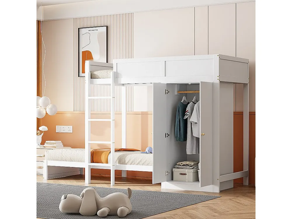 Beliche 90x200cm - com escada e roupeiro - 2 bases de ripas - Branco
