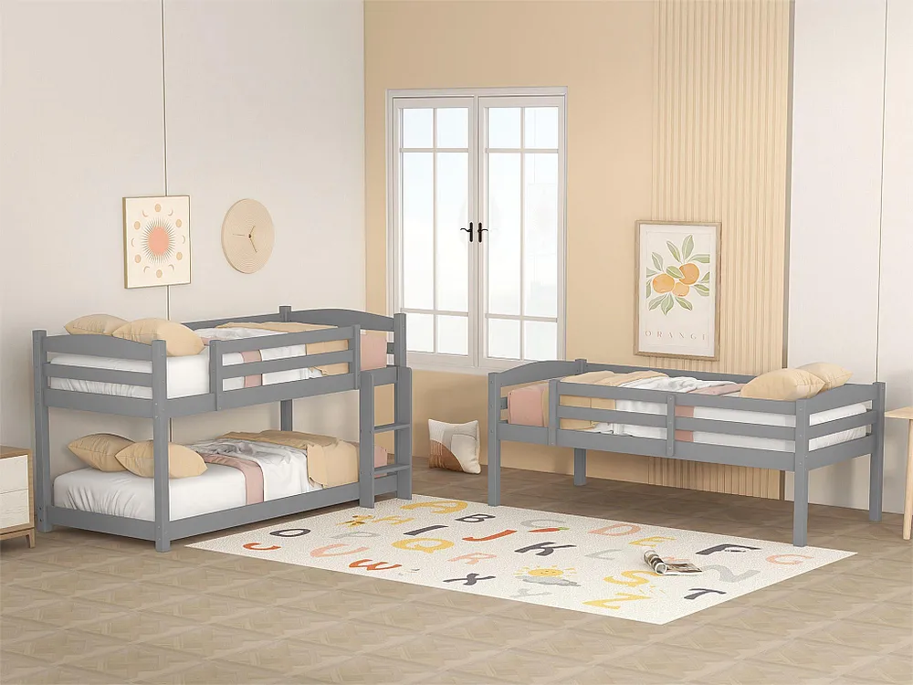 Beliche de 3 lugares - 90 x 200 cm - Pinho + MDF - 2 escadas - Cor cinza