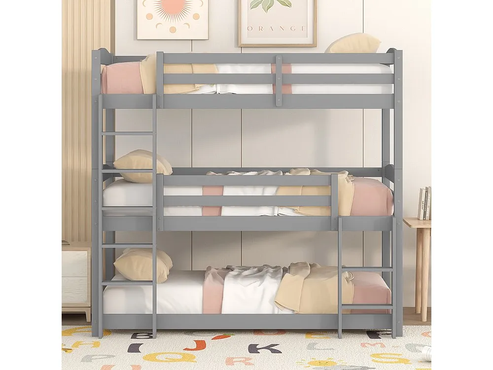 Beliche de 3 lugares - 90 x 200 cm - Pinho + MDF - 2 escadas - Cor cinza