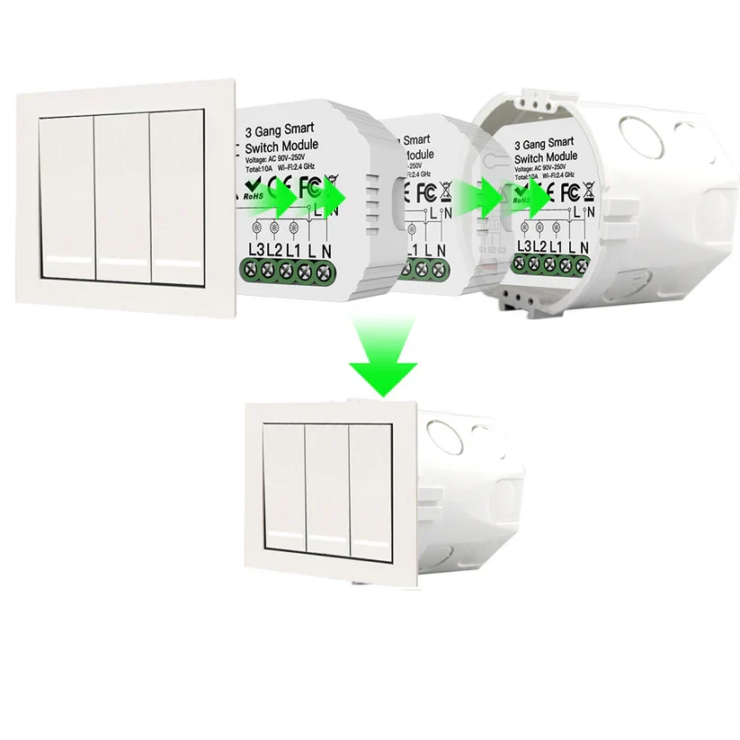 Lâmpada de Neblina Módulo Wi-Fi p/ Interruptores de Luz Triplos (3 Gang)