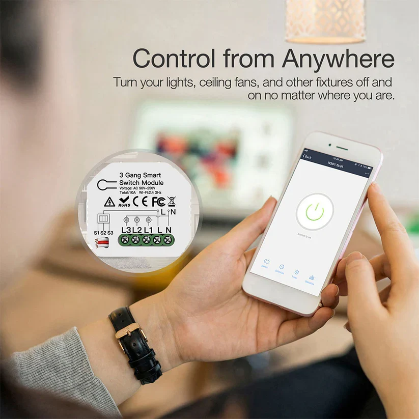 Lâmpada de Neblina Módulo Wi-Fi p/ Interruptores de Luz Triplos (3 Gang)