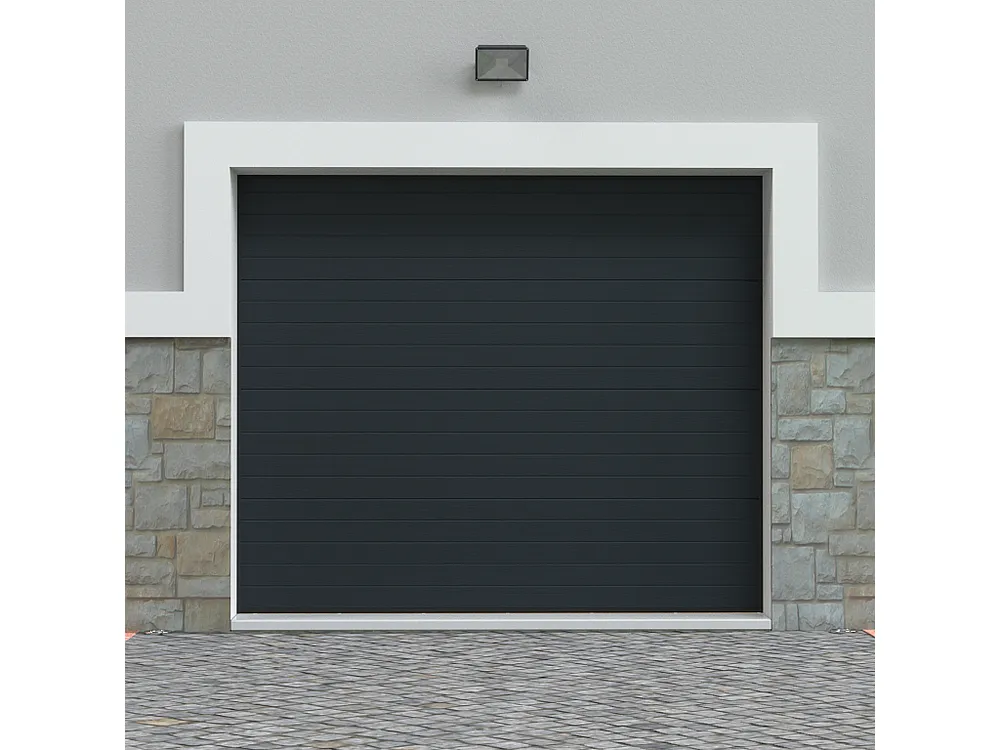 Porta de garagem seccionada com motor Somfy efeito ranhurado antracite NORIA