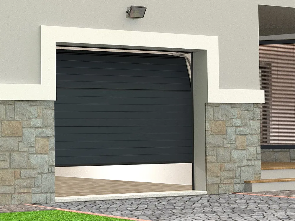Porta de garagem seccionada com motor Somfy efeito ranhurado antracite NORIA