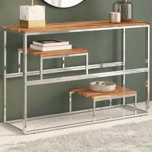 Console Ajustável Mesa consola ço inoxidável/madeira de acácia maciç prateado