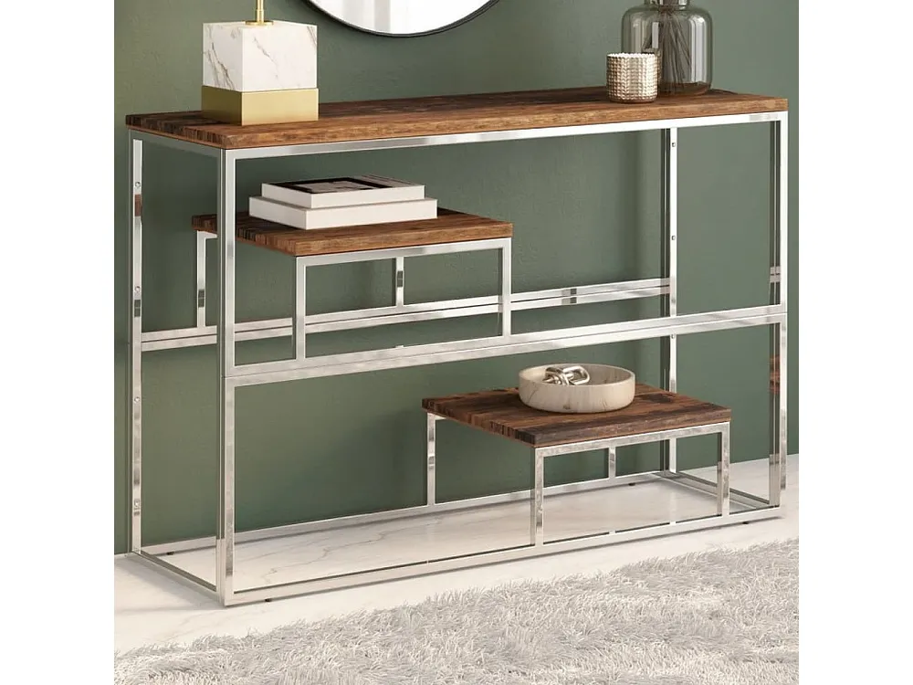 Console com Armazenamento Mesa consola ço inoxidável/madeira ferroviária maciç prateado