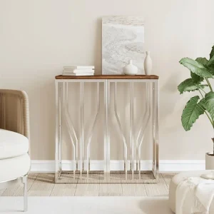 Mesa consola ço inoxidável/madeira recuperada maciç prateado com Porta-copos Integrado