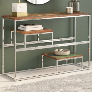 Mesa consola ço inoxidável/madeira recuperada maciç prateado com Bolso para Tablet