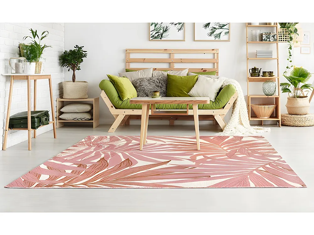 Tapete de interior ou de exterior étnico motivos folhas ROCETA 150 x 200 cm - Cor-de-rosa