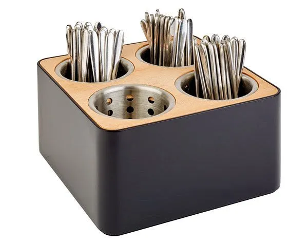 Recipiente para talheres APS, 27 x 27 cm, altura: 15 cm, SAN, preto, madeira, 4 furos Ø 10 cm, incluindo 4 aljavas, 93321