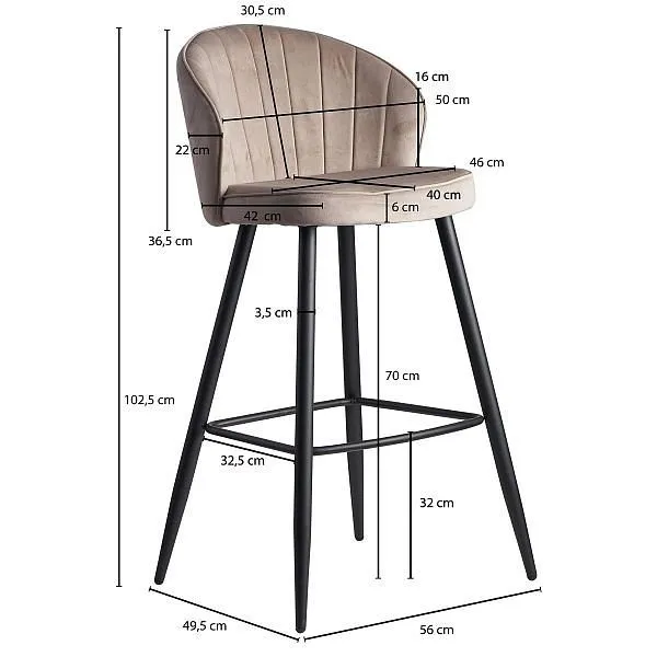 Banqueta alta Wohnling veludo bege com encosto 56 x 102,5 x 52,5 cm, tecido escandinavo / metálico 110 kg, WL6.291