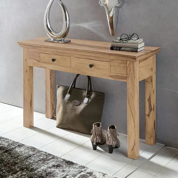 Mesa consola Wohnling MUMBAI consola de madeira maciç de acácia com 2 gavetas 110 x 40 cm estilo casa de campo, WL1.438
