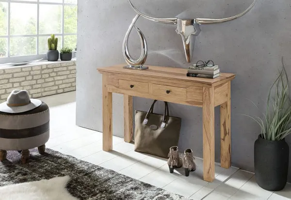 Mesa consola Wohnling MUMBAI consola de madeira maciç de acácia com 2 gavetas 110 x 40 cm estilo casa de campo, WL1.438