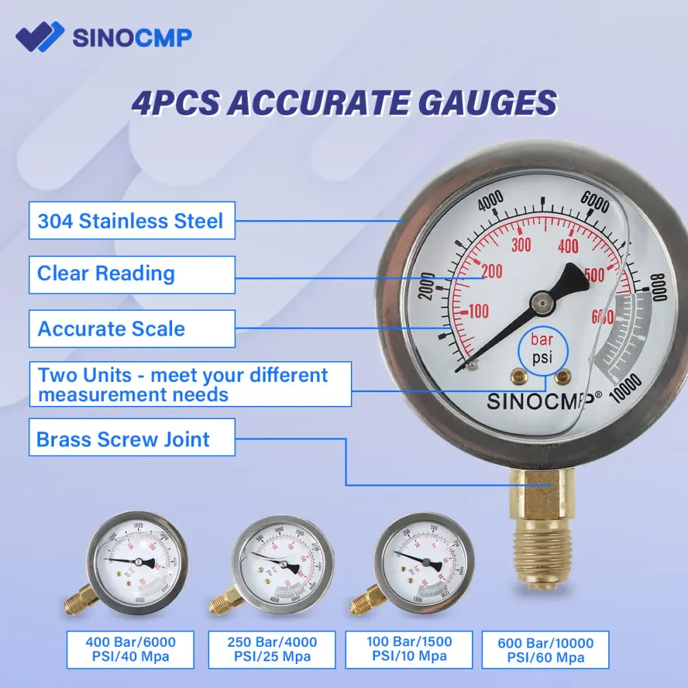 SINOCMP Kit de teste de pressão hidráulica 100/250/400/600 Bar 13 Acoplamentos 4 Medidores para máquinas de construção