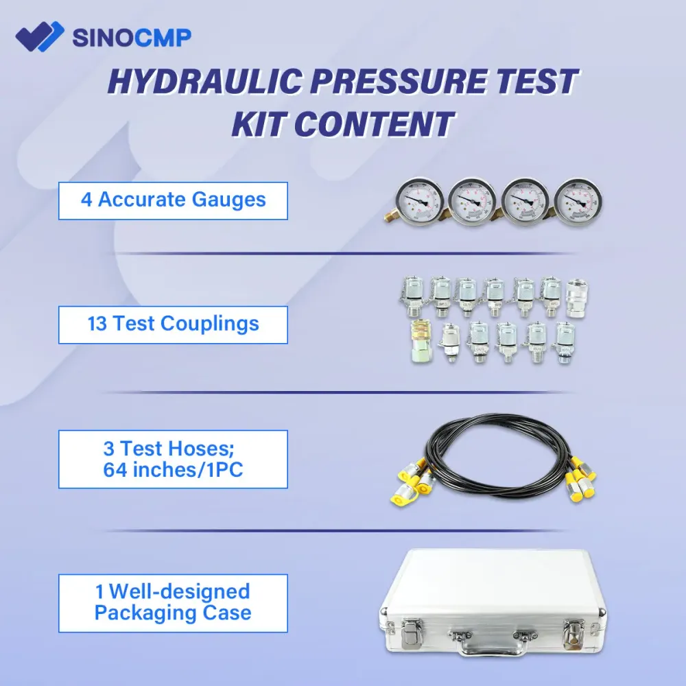 SINOCMP Kit de teste de pressão hidráulica 100/250/400/600 Bar 13 Acoplamentos 4 Medidores para máquinas de construção