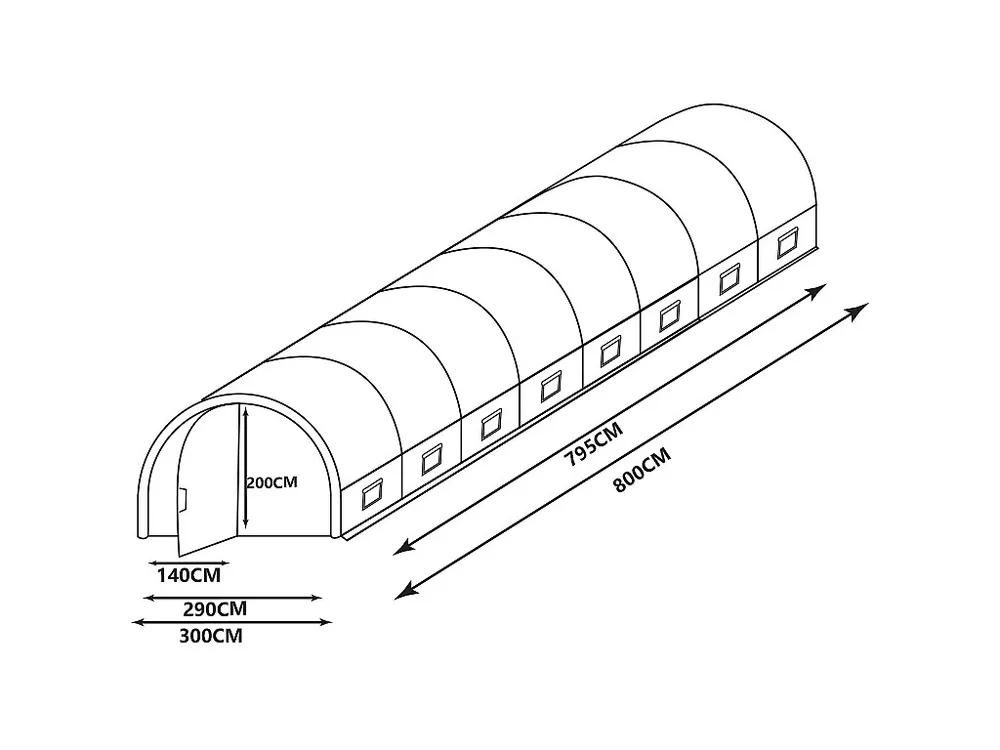 Estufa estilo túnel estrutura ço e porta 24 m² C300 x L800 x A200 cm - ALOCASIA