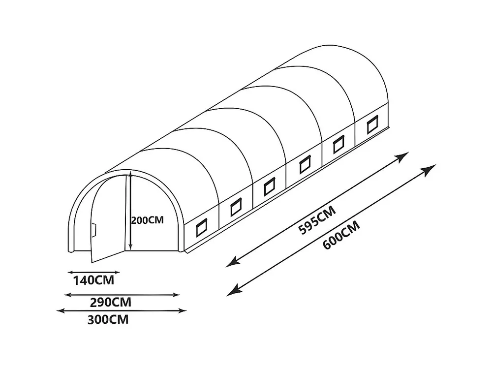 Estufa túnel com estrutura em ço galvanizado e porta 18 m² C600xL300xA200 cm ALOCASIA