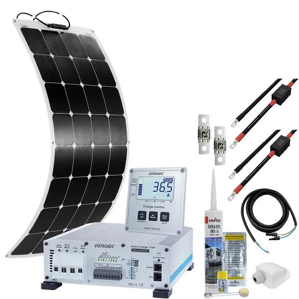 Sistema solar para motorhome Offgridtec mTriple Flex S com 1 módulo solar de 120 W 30/20/250 Votronic Tríplice Charger e 1...