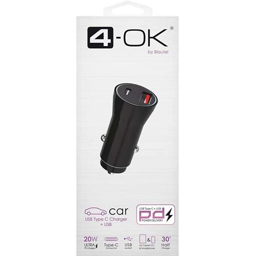 Carregador de Carro 4-OK 20W USB TIPO C + USB