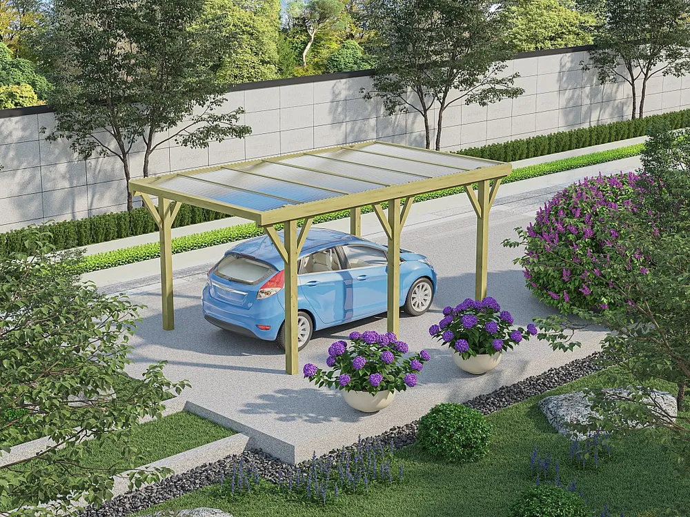 Abrigo carro individual autoportante madeira tratada teto em PVC 1 viatura 15 m² - OURANOS