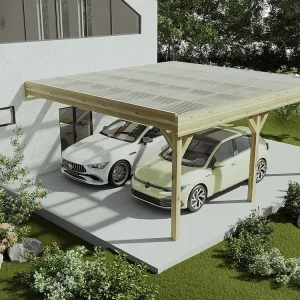 Abrigo para carro duplo adossado em madeira tratada teto PVC 2 viaturas 29,3 m² - ARTEMIDA