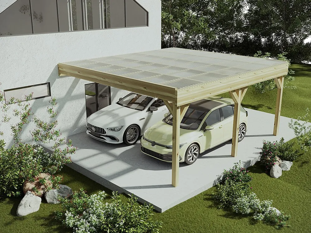 Abrigo para carro duplo adossado em madeira tratada teto PVC 2 viaturas 29,3 m² - ARTEMIDA