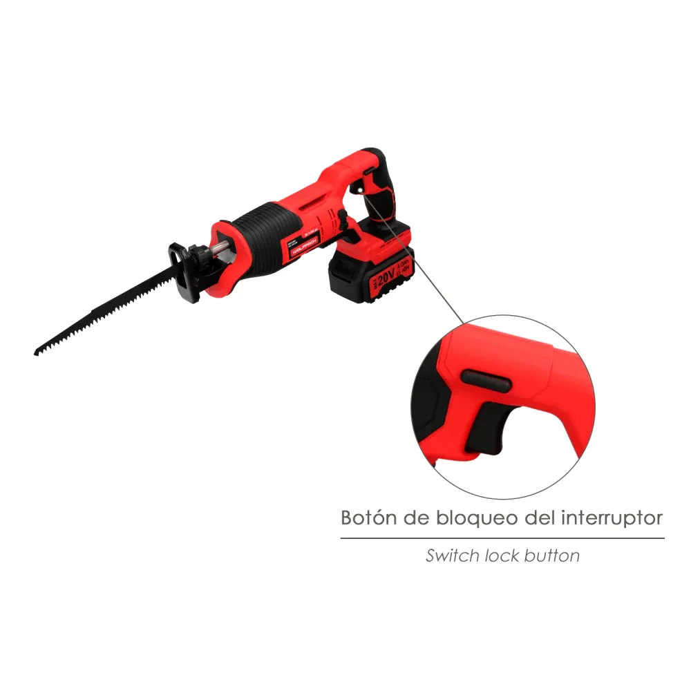 Serra alternativa de 20 V. Bateria de 4 Ah. Lâmina de troca rápida. Madeira de 100 mm / ço de 6 mm.