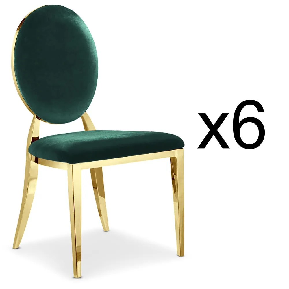 Conjunto de 6 cadeiras medaillon Sofia Pés Dourados Veludo Verde com Luz LED Integrada