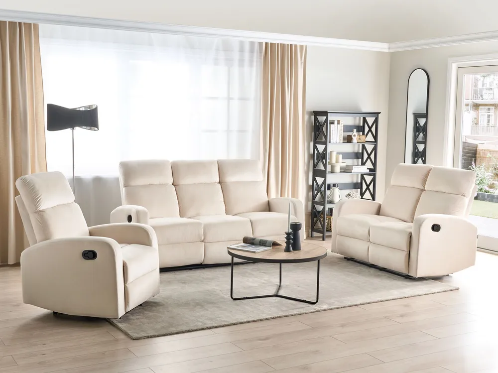 Conjunto de sofás 6 lugares por mão própria reclináveis em veludo branco-creme VERDAL