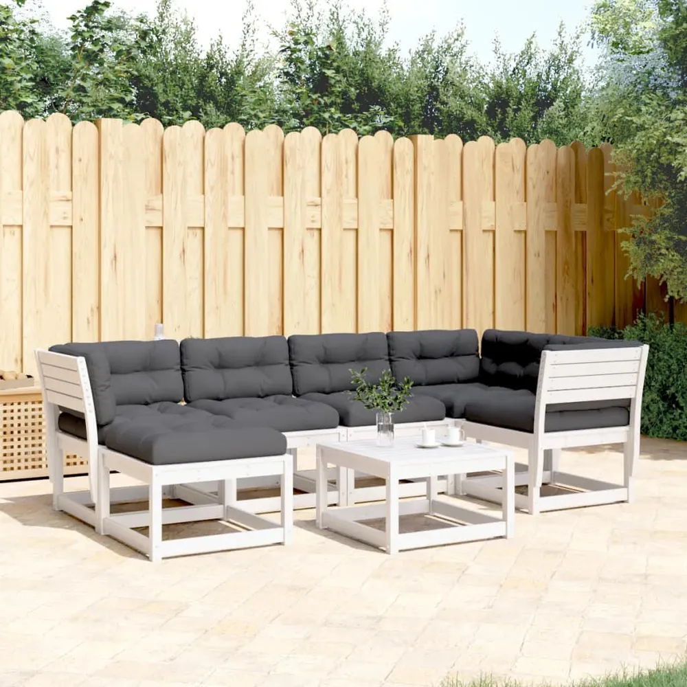 Cortina Blackout 6 pcs conj. sofás de jardim com almofadões pinho maciço branco
