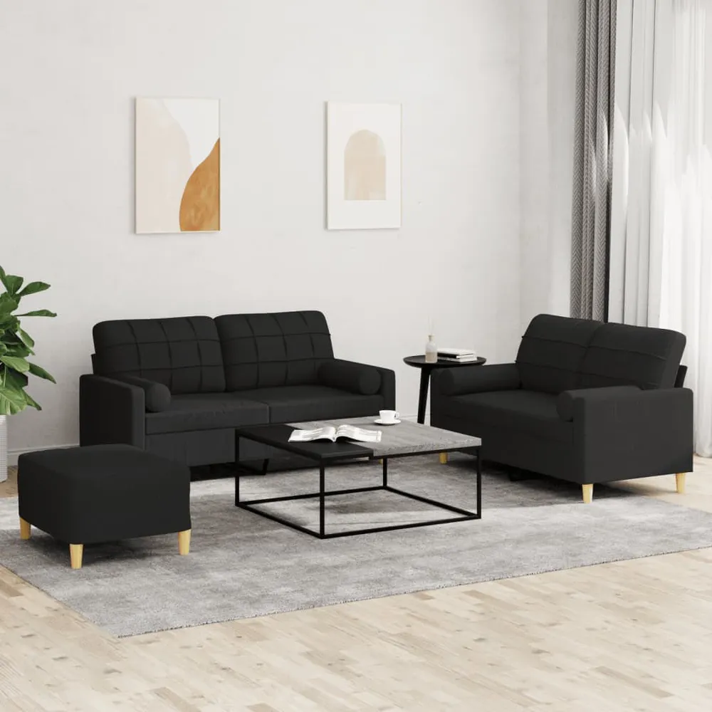 Cortina Blackout 3 pcs conjunto de sofás com almofadas tecido preto