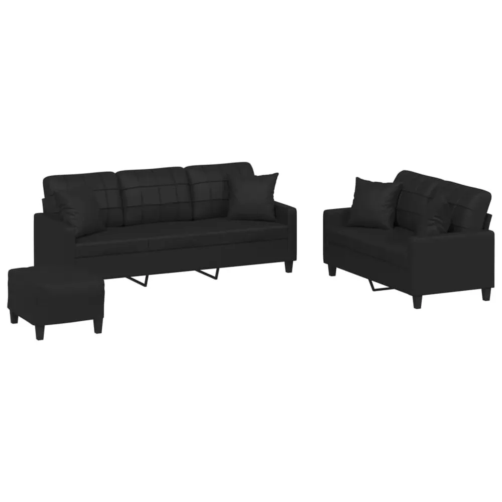 Cortina Blackout 3 pcs conjunto de sofás com almofadas couro artificial preto
