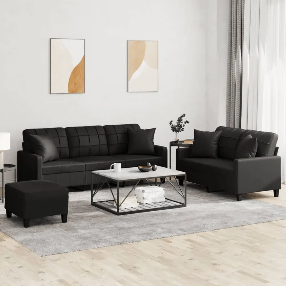 Cortina Blackout 3 pcs conjunto de sofás com almofadas couro artificial preto