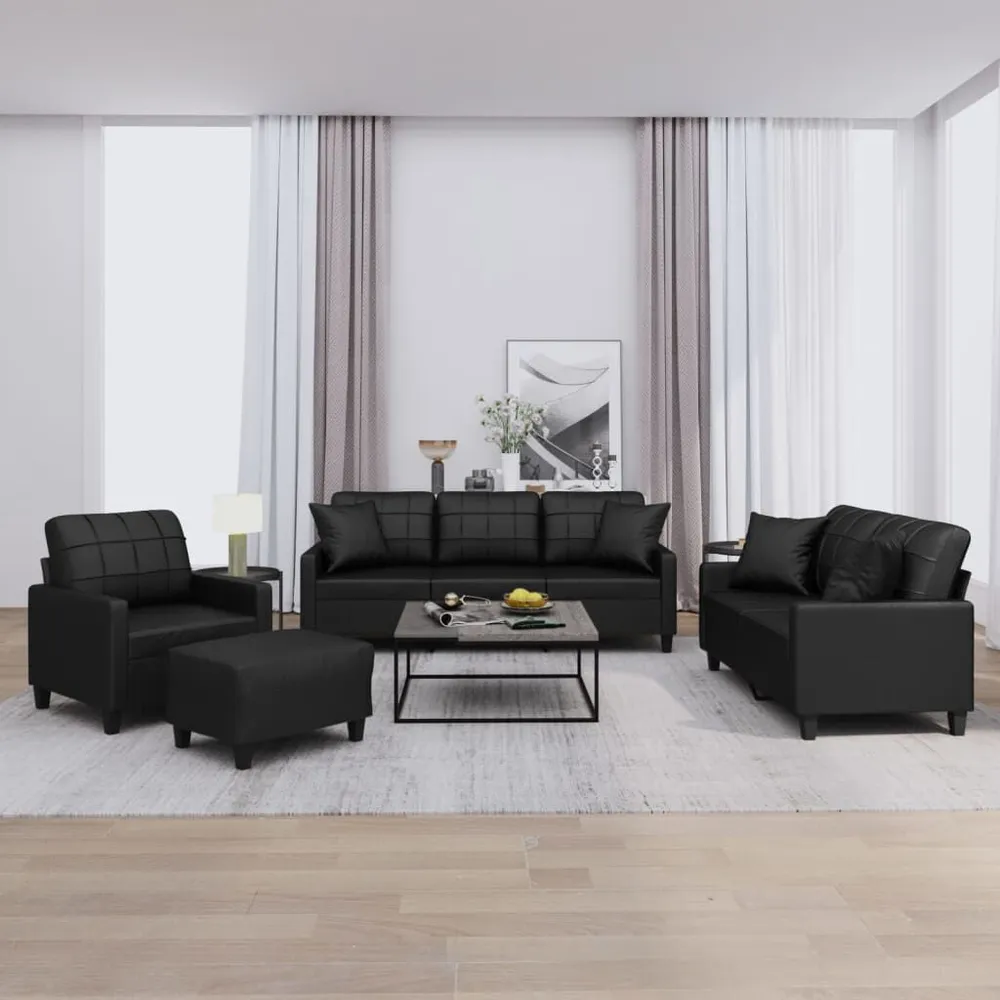Cortina Blackout 4 pcs conjunto de sofás com almofadas couro artificial preto