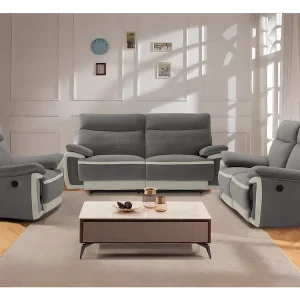 Estore para Janela Sofás 3 e 2 lugares e poltrona articulados elétricos - veludo cinza e faixas branco METTI